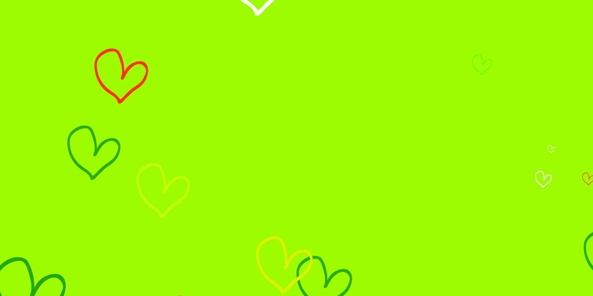 Telón de fondo de vector verde claro, rojo con corazones dulces.