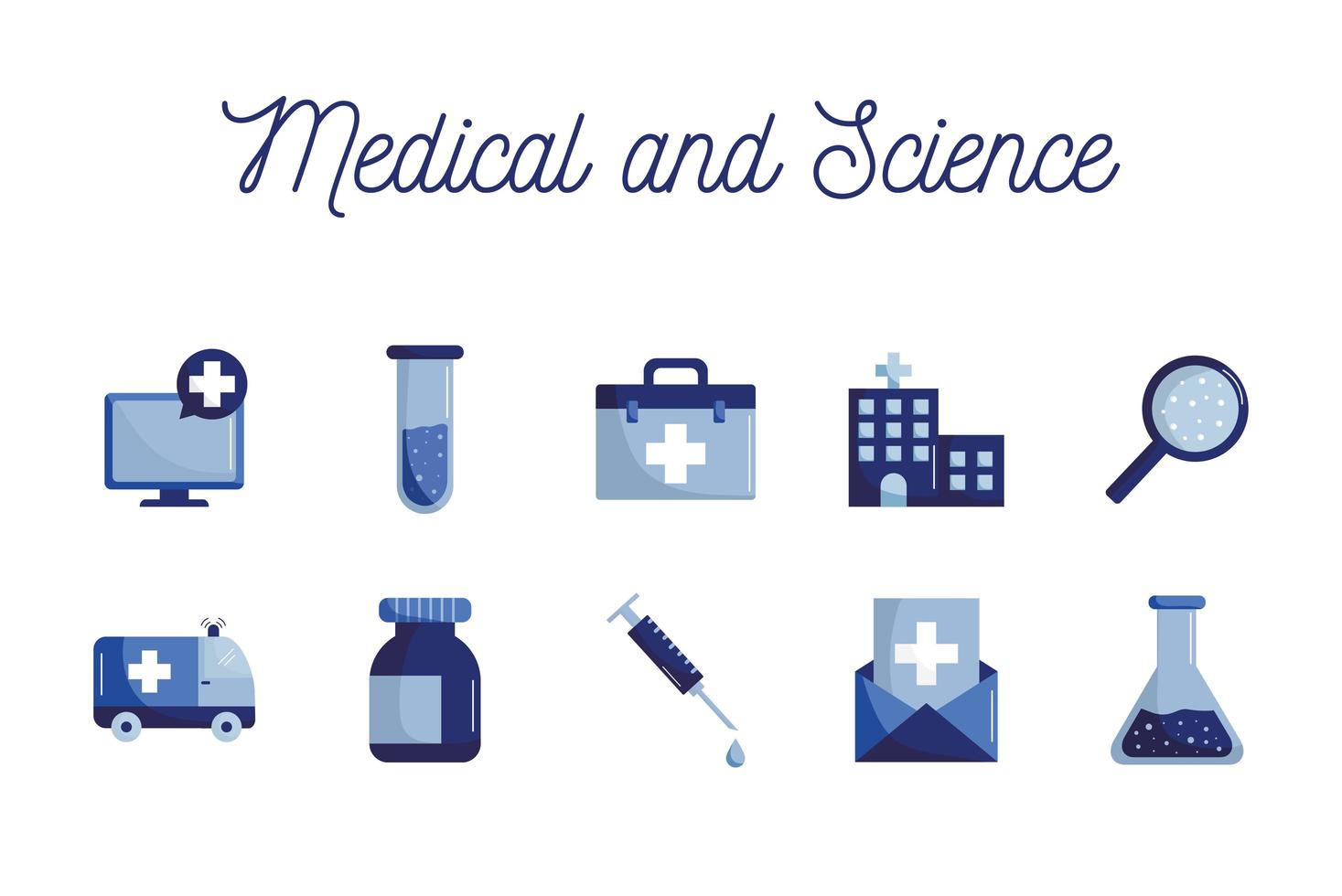 diseño de vector de conjunto de iconos de estilo plano médico y científico