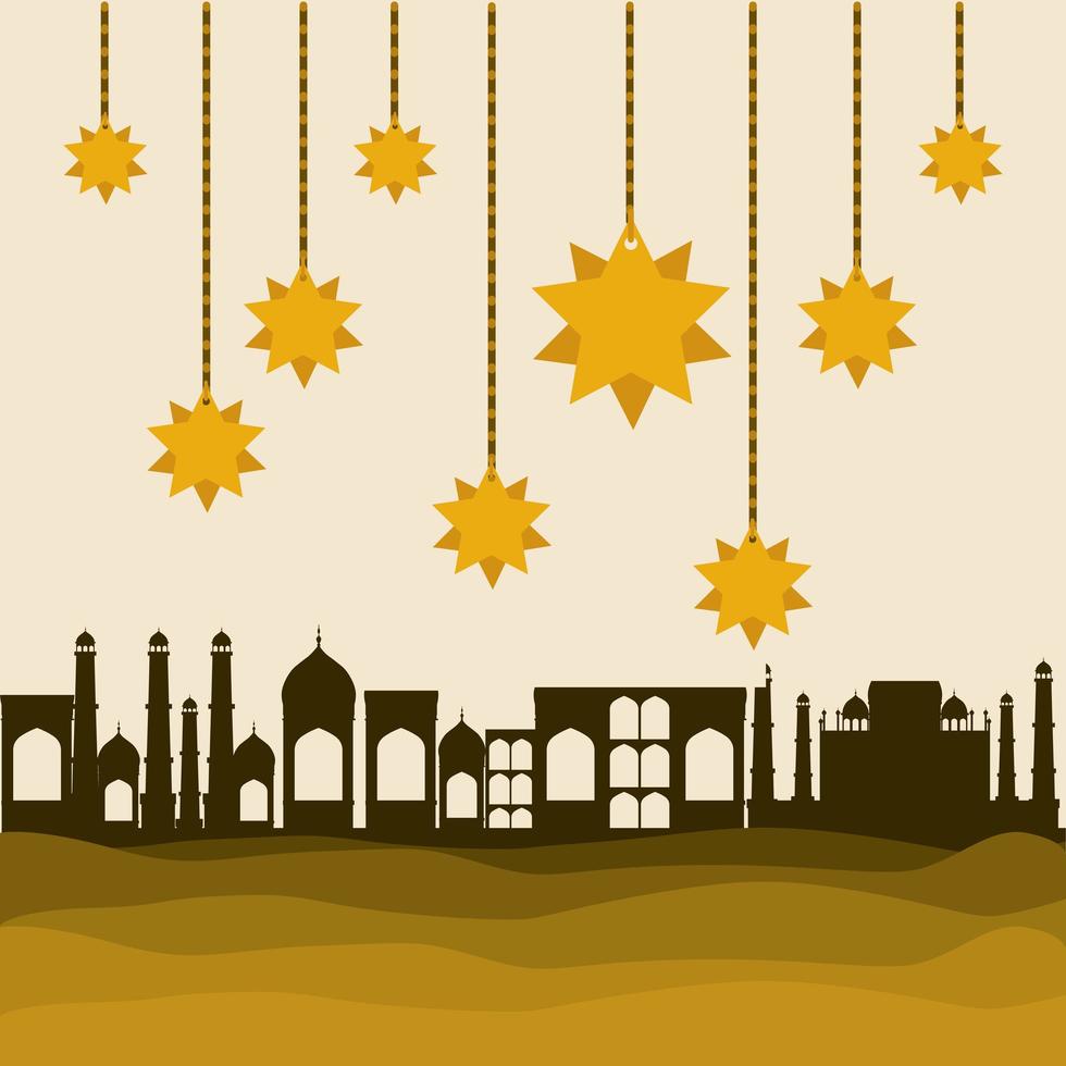 Eid mubarak gold hanger stars and city buildings vector design