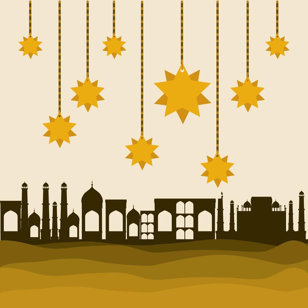 eid mubarak oro colgador estrellas y edificios de la ciudad diseño vectorial vector