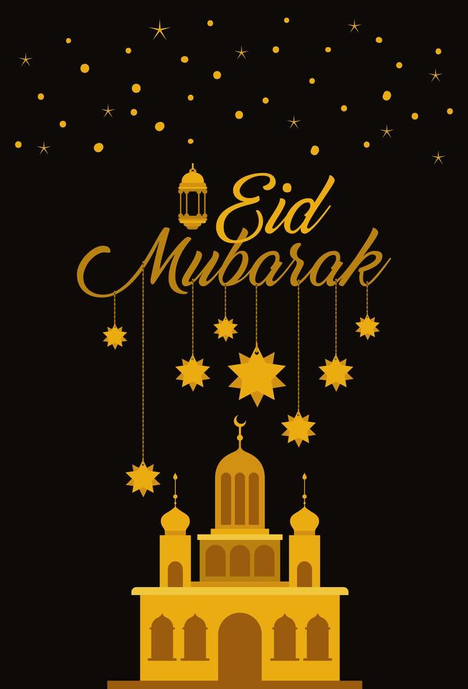 templo de oro de eid mubarak con diseño de vector de estrellas y linterna colgante de luna