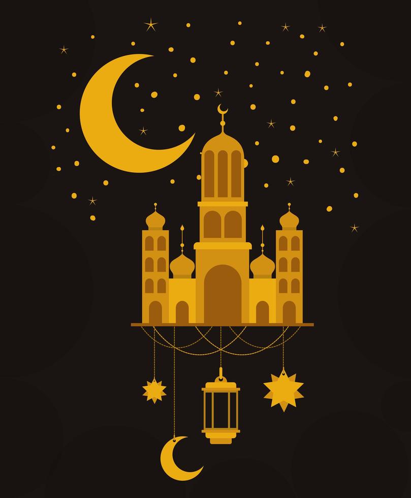 templo de oro de eid mubarak con diseño de vector de estrellas y linterna colgante de luna