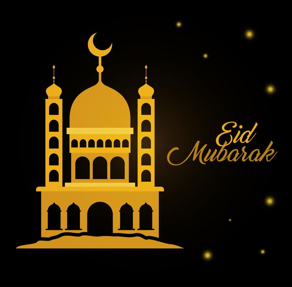 Templo de oro de eid mubarak con diseño de vector de luna y estrellas