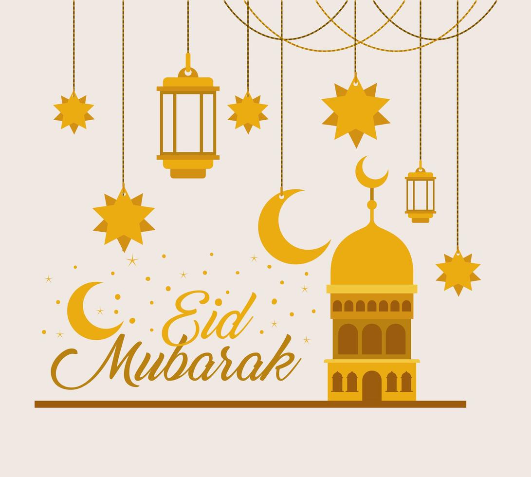 Eid mubarak gold temple with moon hanger lanterns and stars vector design