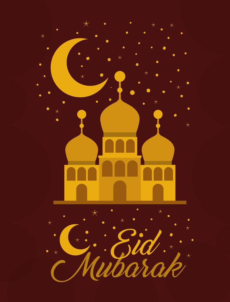 Templo de oro de eid mubarak con diseño de vector de luna y estrellas