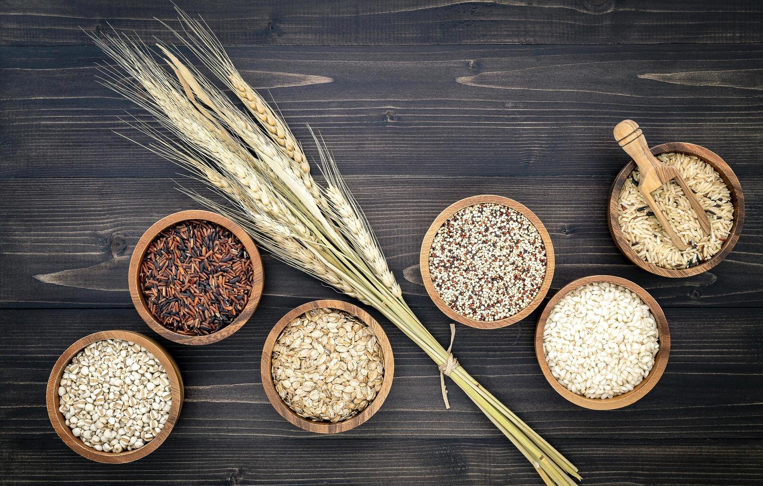 Bowls of assorted grains photo