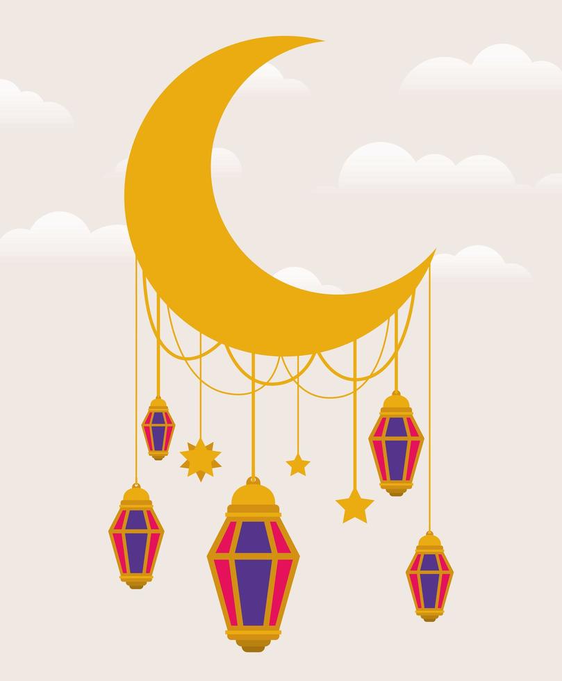 Eid mubarak moon con linternas y estrellas de diseño vectorial vector