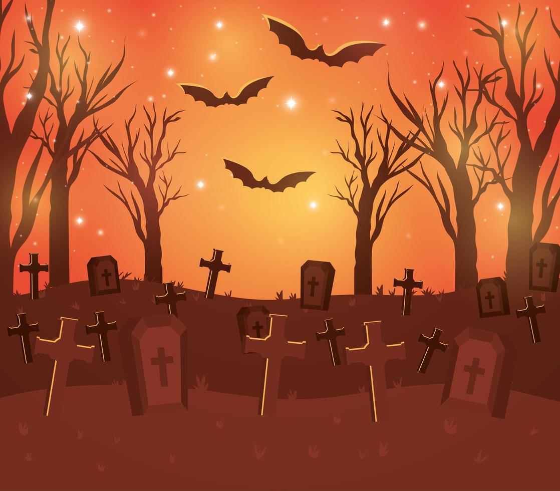 Halloween colorful design background of graveyard vector