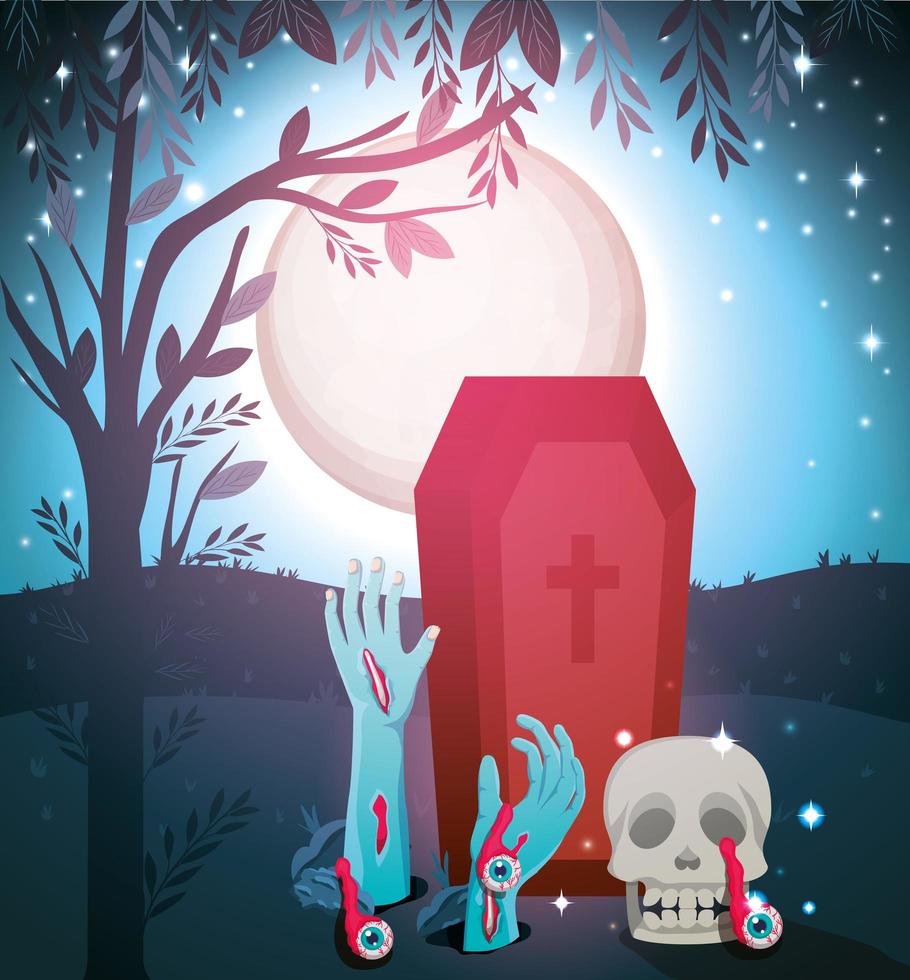 Halloween colorful design with coffin and zombie hands coming out the ground vector