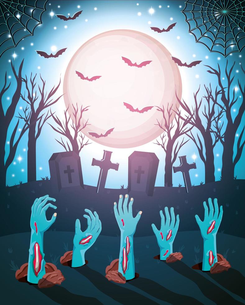 Halloween scary design with zombie hands coming out of the ground vector