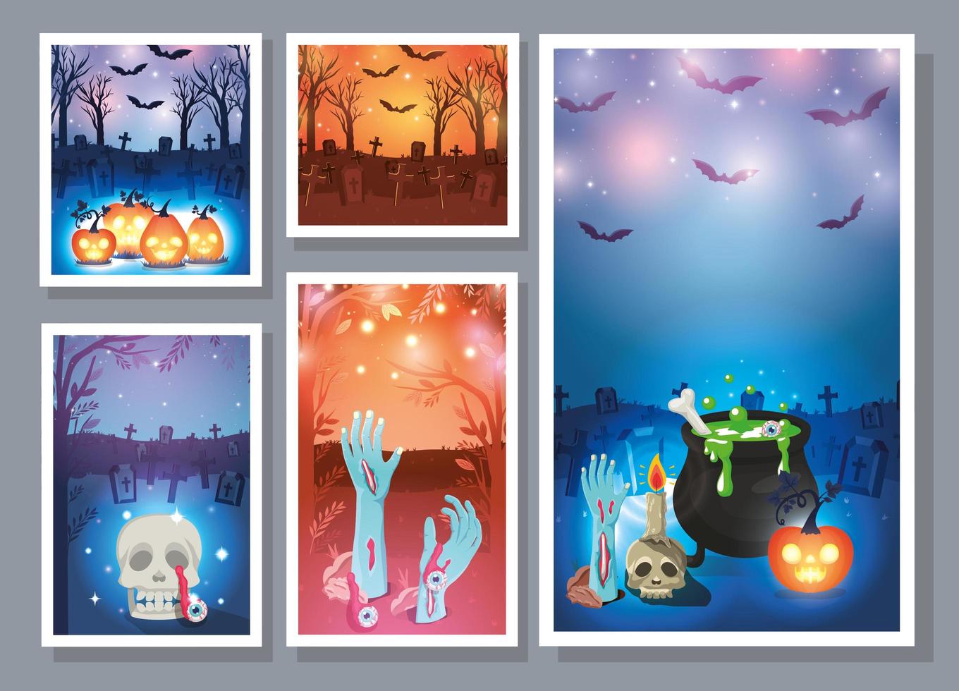 tarjetas de feliz halloween con calabazas brillantes y olla de caldero vector