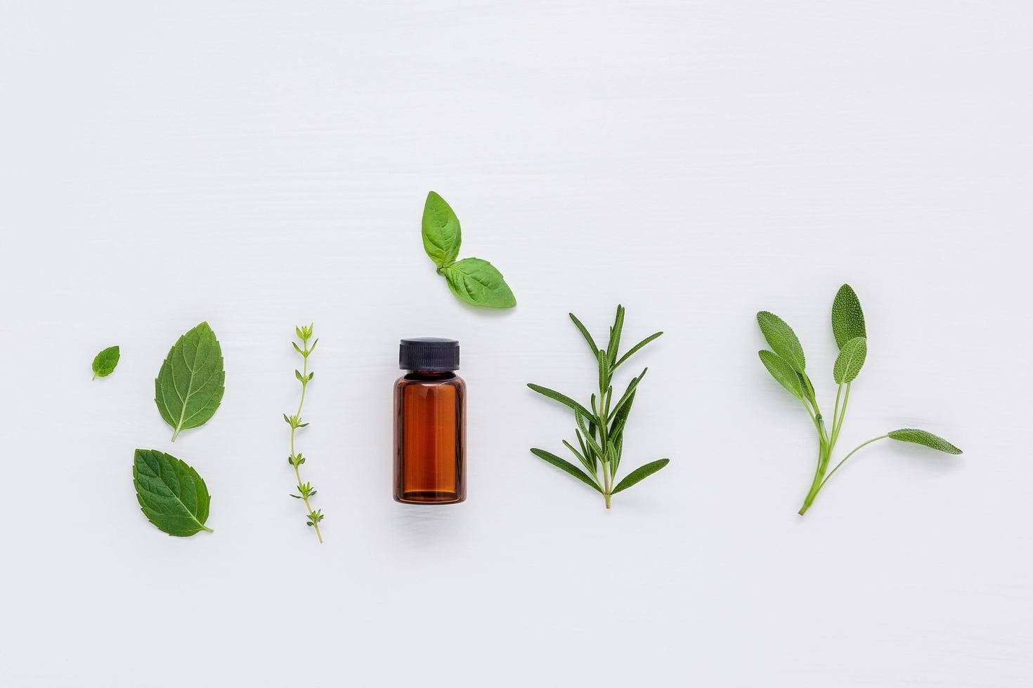 Bottle of essential oil with fresh herbs on white photo