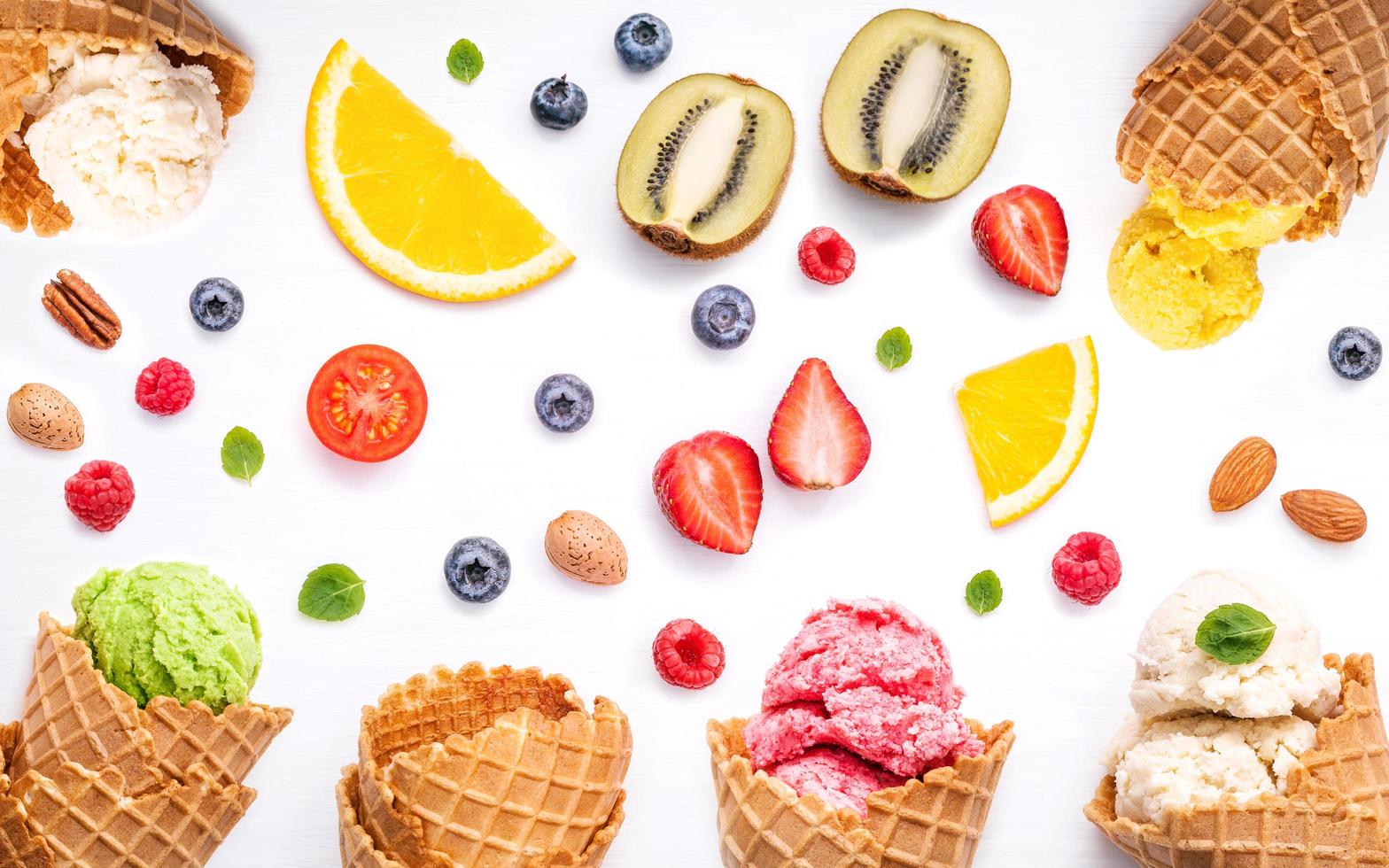 Flat lay of fruits and nuts with ice cream photo