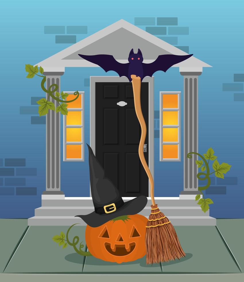 halloween season scene with house door and pumpkin vector