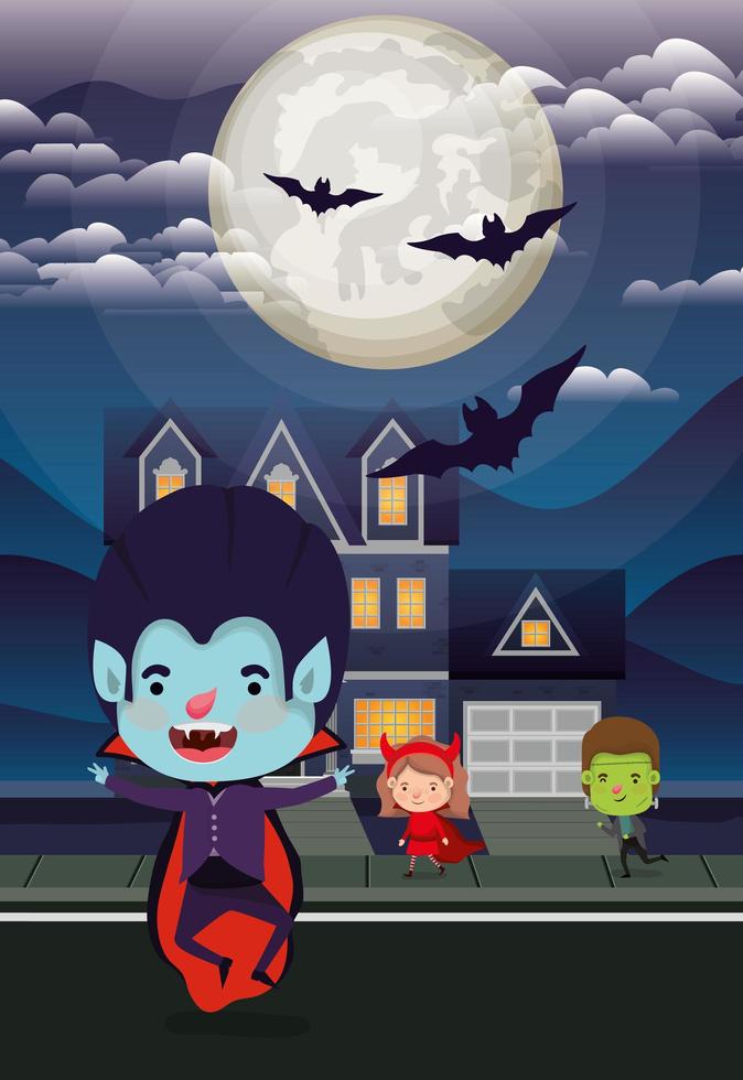 escena de la temporada de halloween con niños en el barrio vector