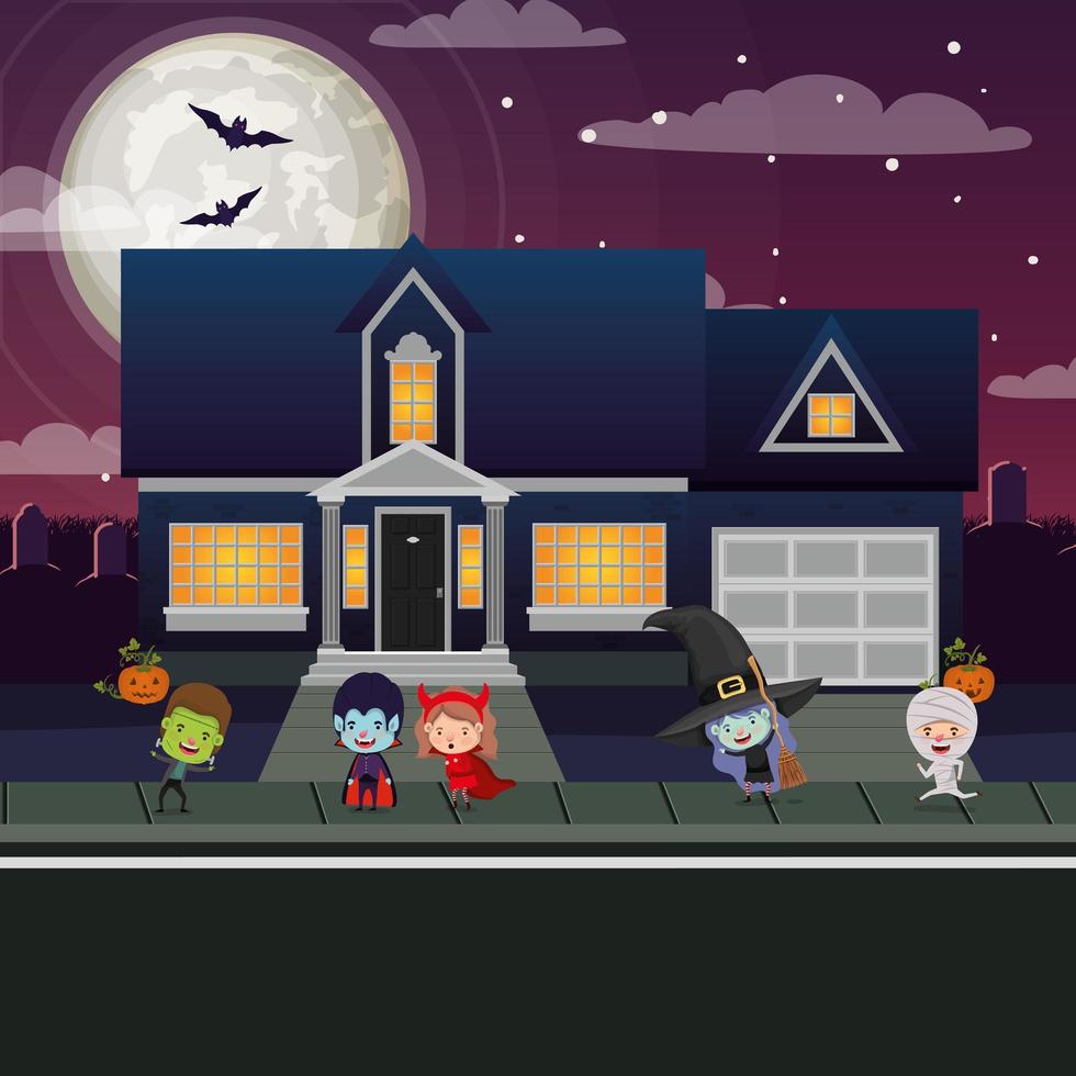 escena de la temporada de halloween con niños disfrazados en el barrio vector