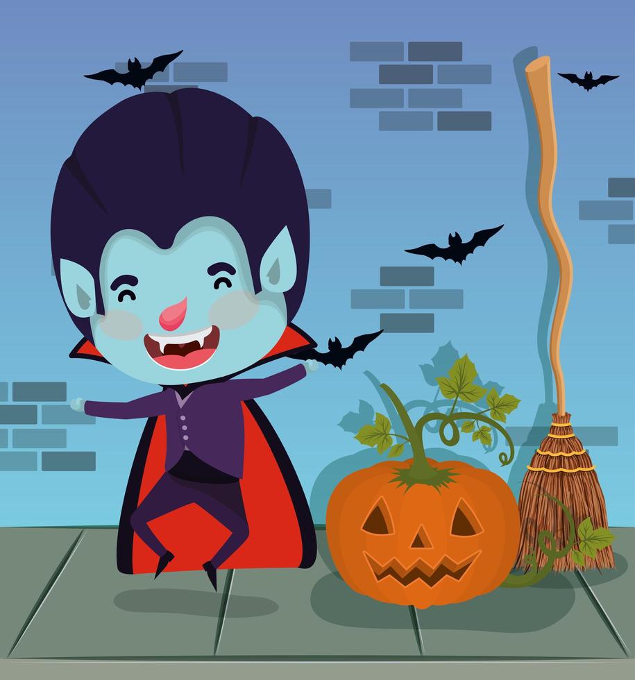 escena de la temporada de halloween con niño disfrazado de vampiro vector