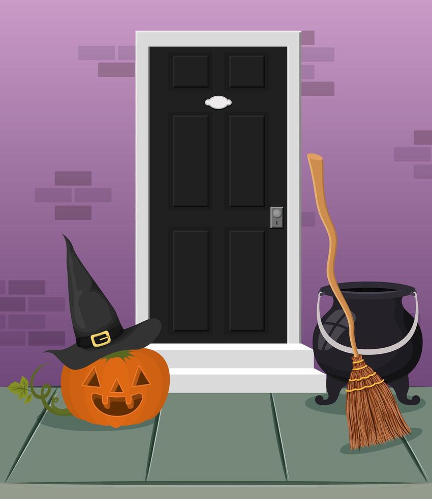 escena de la temporada de halloween con puerta de casa y calabaza vector