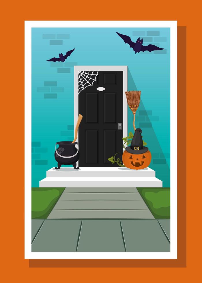 halloween season scene with house door and pumpkin vector