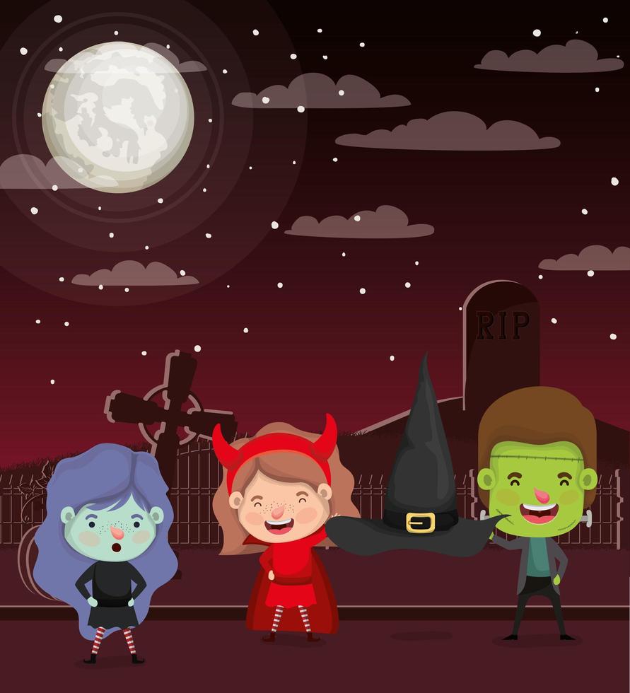 escena de la temporada de halloween con niños en el cementerio vector