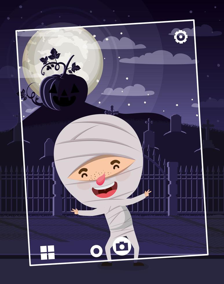 halloween season scene with kid in a mummy costume vector