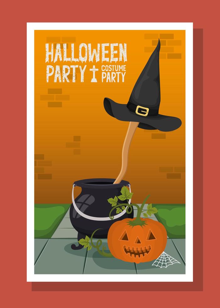 halloween season card with cauldron and pumpkin vector