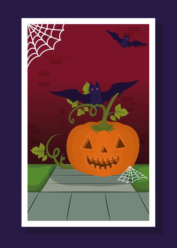 tarjeta de la temporada de halloween con calabaza y murciélagos volando vector