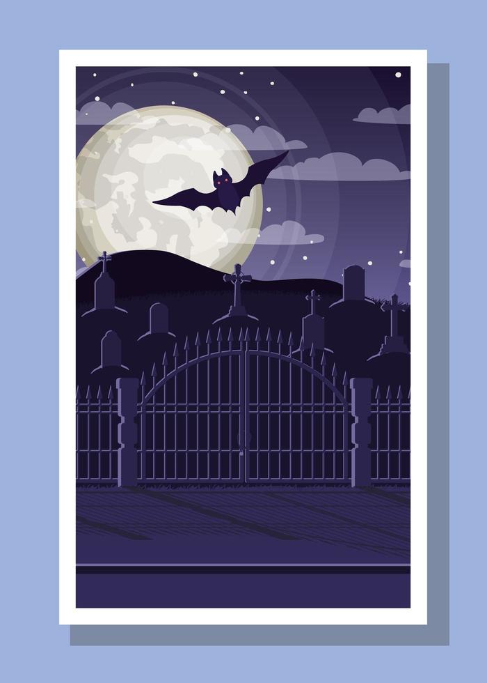 tarjeta de la temporada de halloween con murciélago volando en el cementerio vector