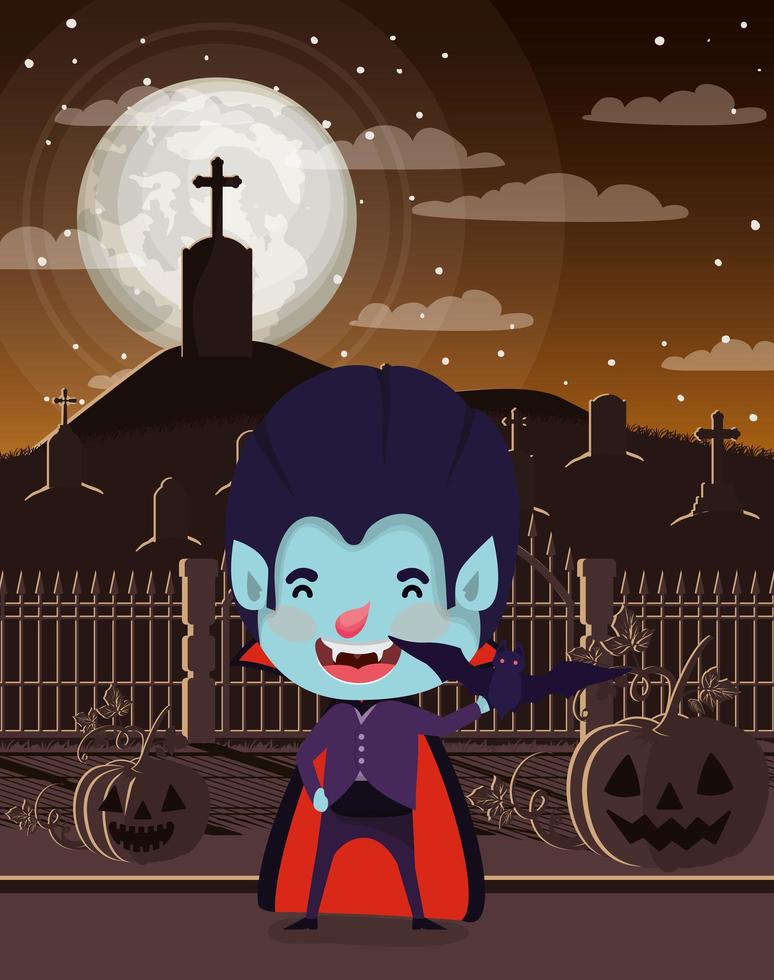 escena de la temporada de halloween con niño disfrazado de vampiro vector