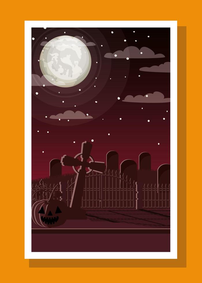 halloween season card with cemetery in dark night scene vector