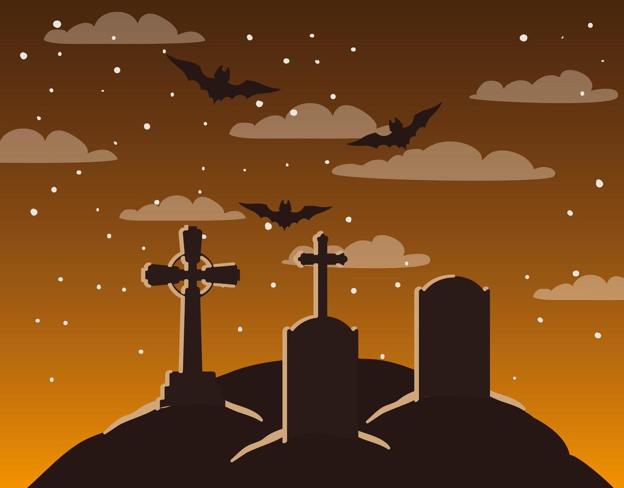 tarjeta de temporada de halloween con escena de cementerio vector