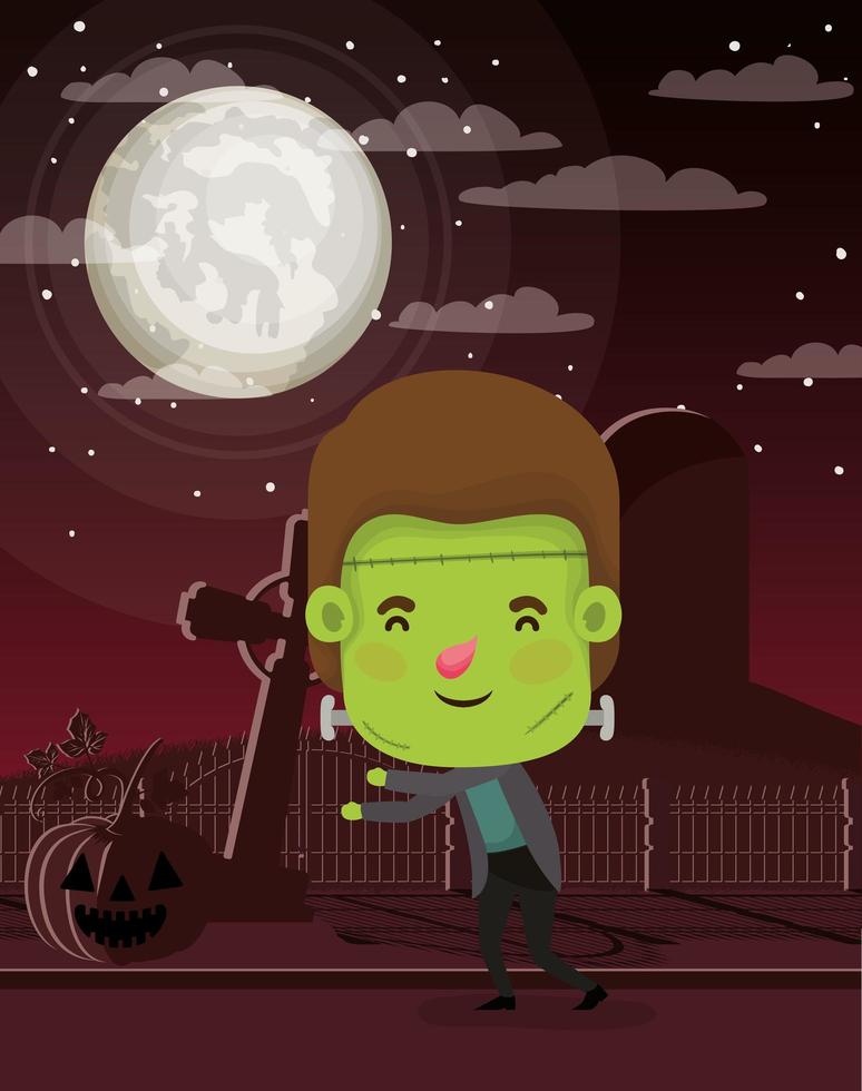 escena de la temporada de halloween con niño disfrazado de monstruo vector