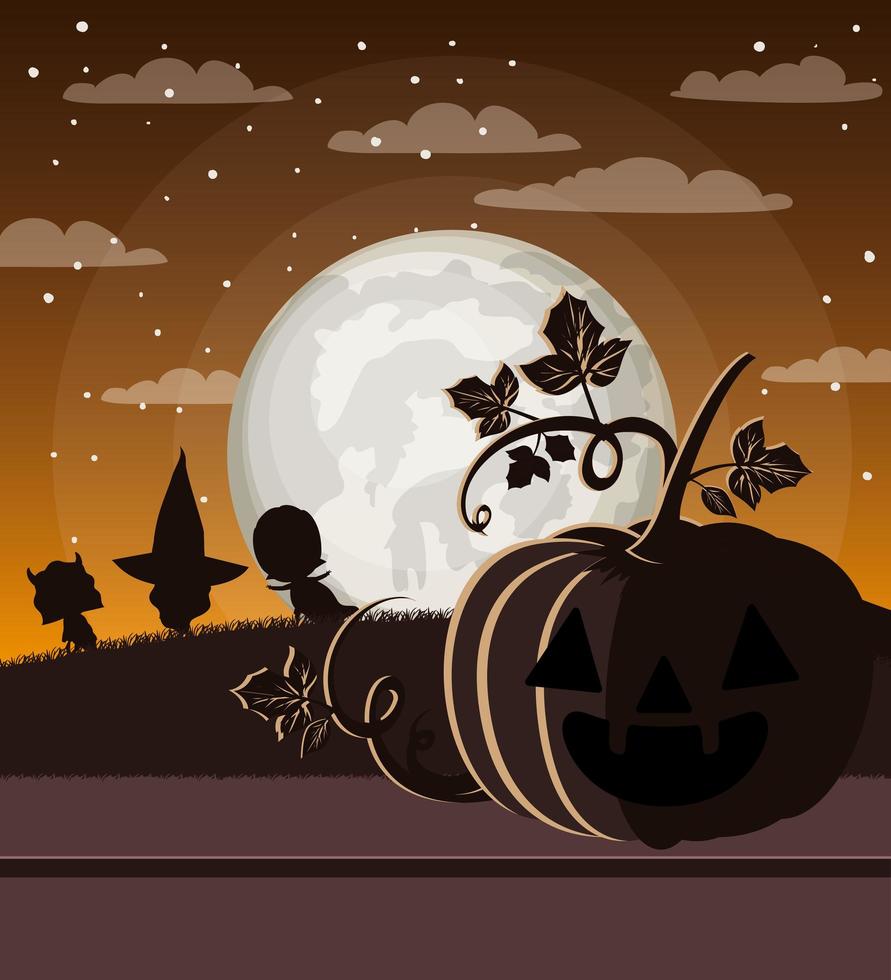 tarjeta de la temporada de halloween con calabazas en la escena nocturna oscura vector