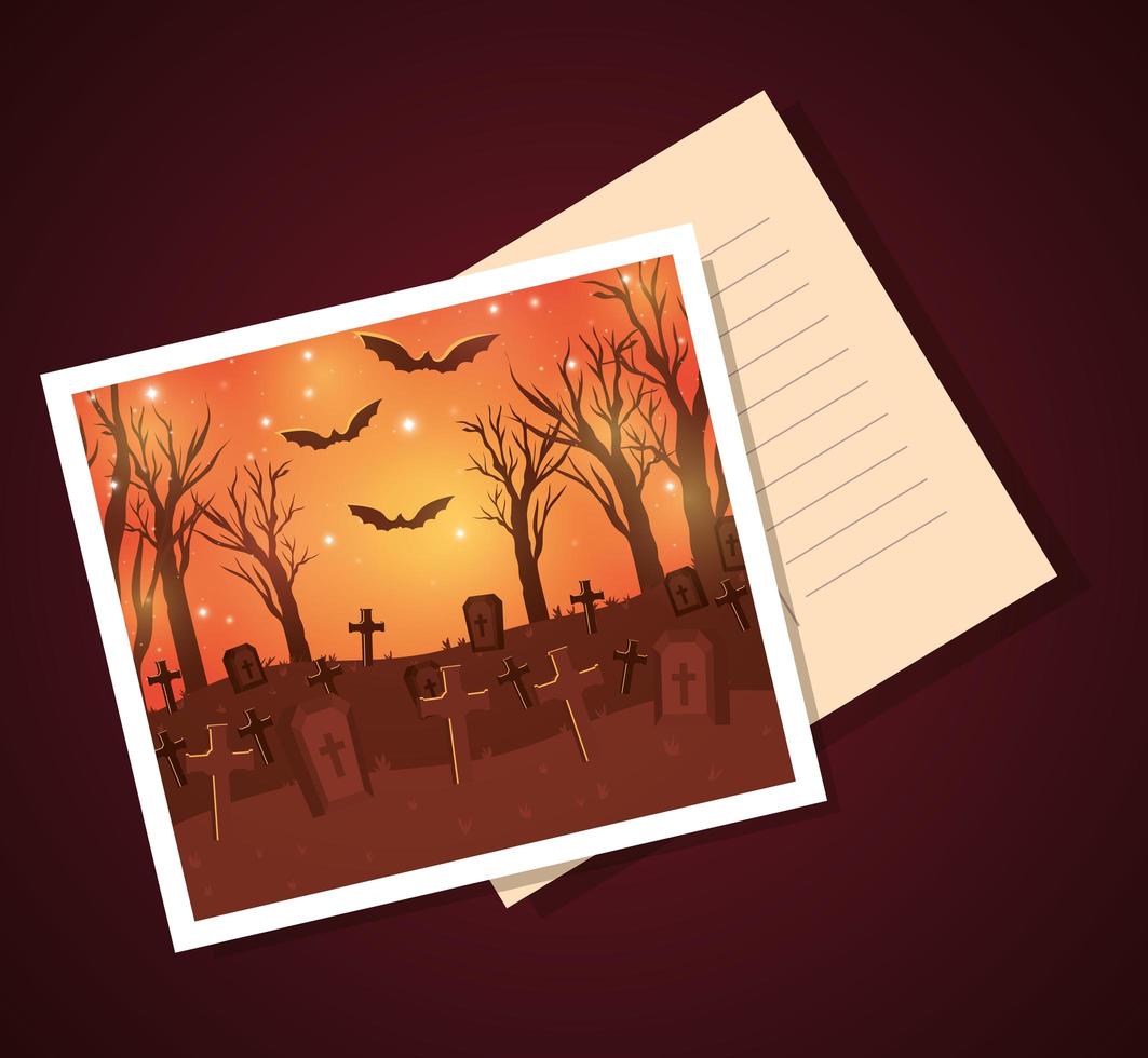 postal de halloween con escena de cementerio oscuro vector