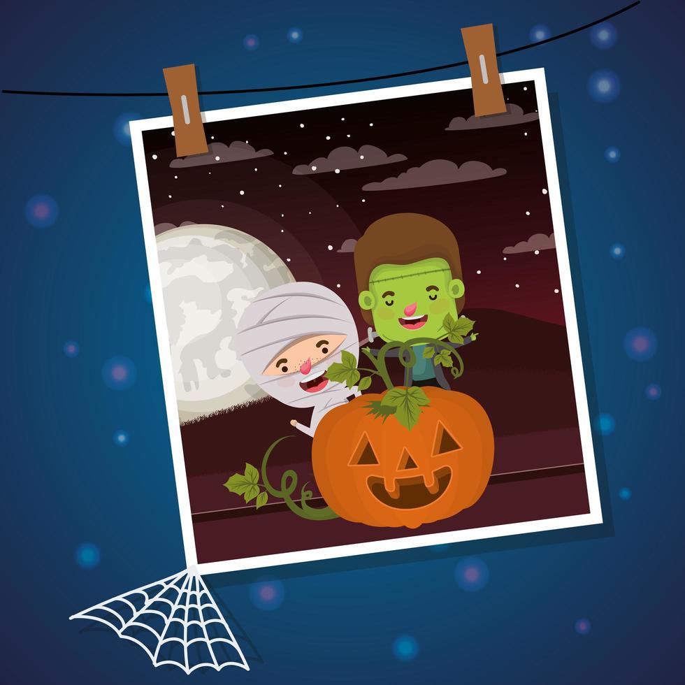 halloween photo with kids in costumes vector