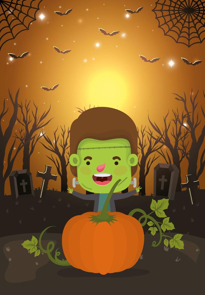 halloween season scene with kid in a monster costume vector