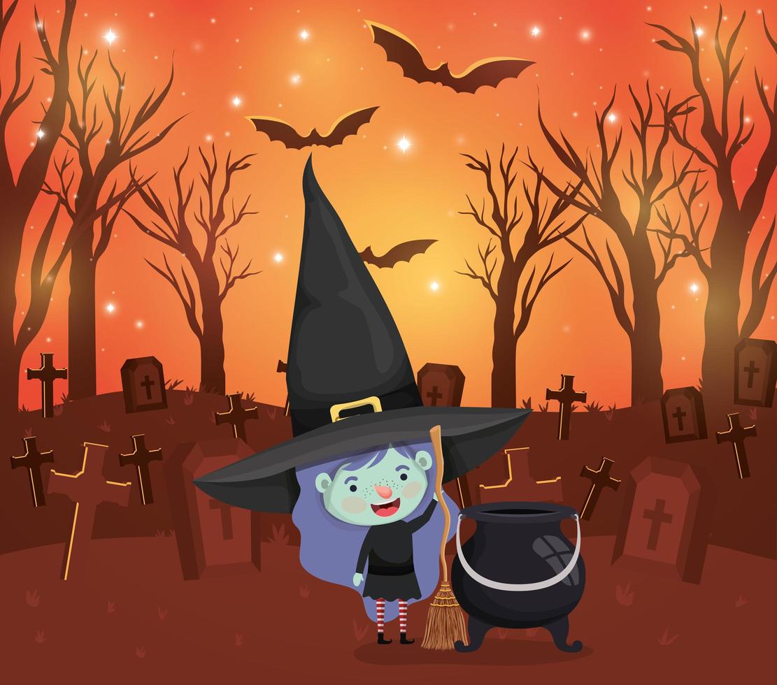 halloween season scene with girl in a witch costume vector