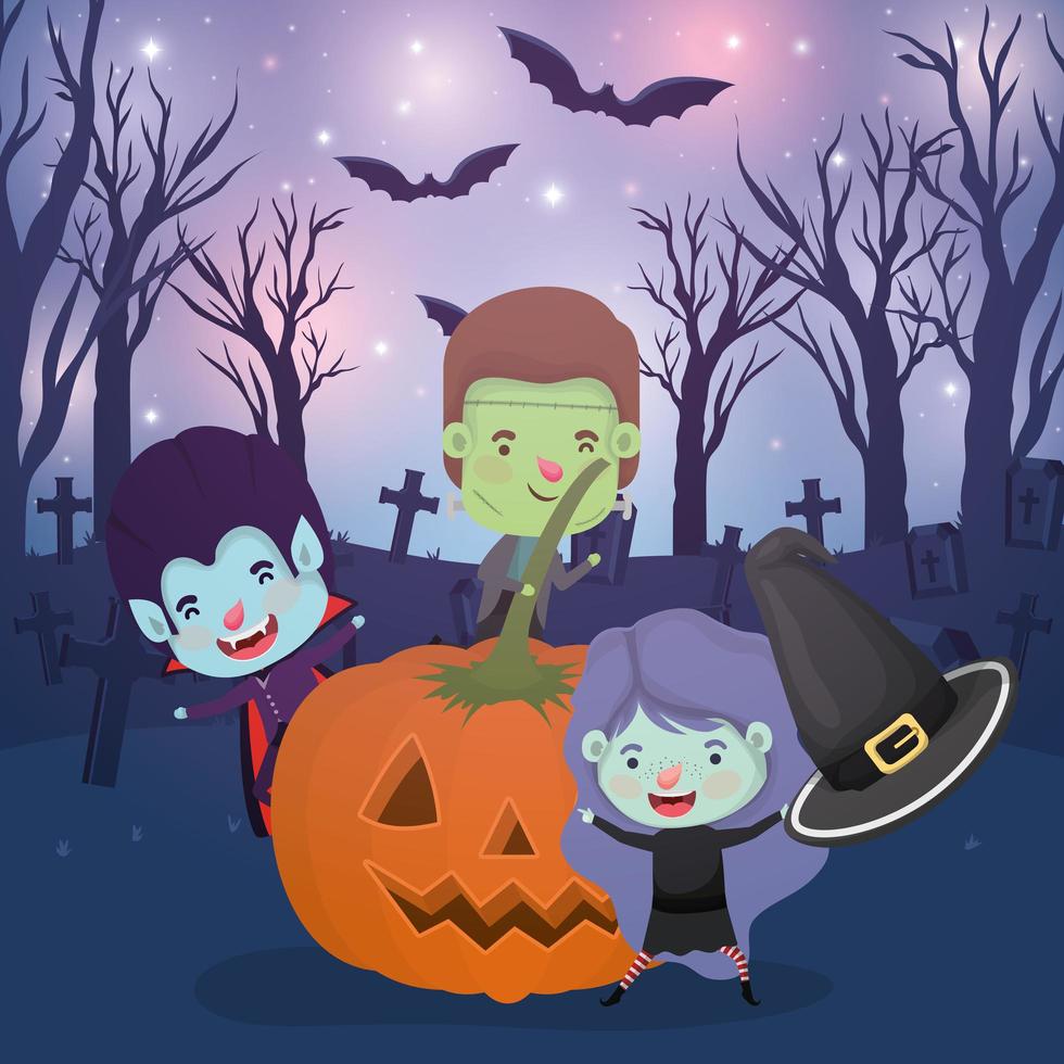 halloween scene with kids in costumes in the cemetery vector
