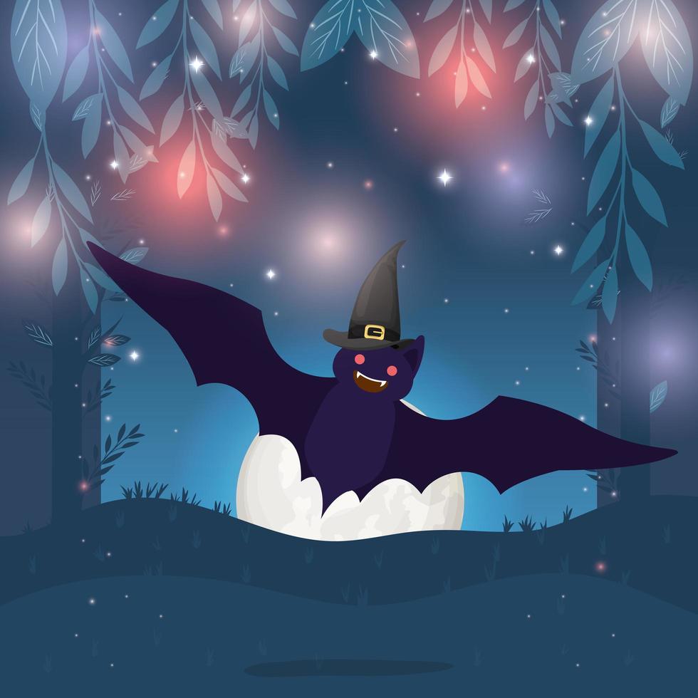 halloween card with bat flying in dark night scene vector