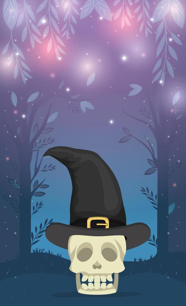 halloween season scene with skull and witch hat vector