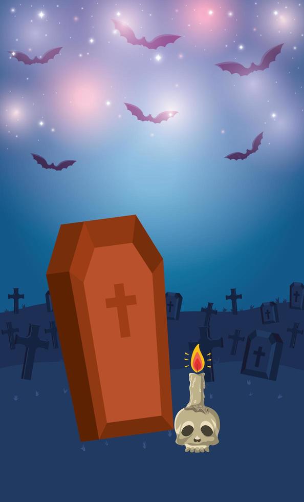 halloween season scene with coffin and skull vector