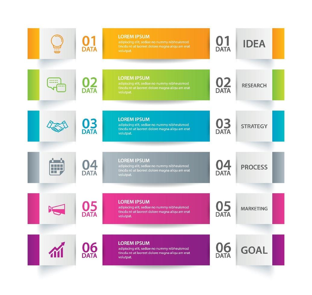 pestaña de infografías en índice de papel horizontal con 6 conjuntos de plantillas de datos vector