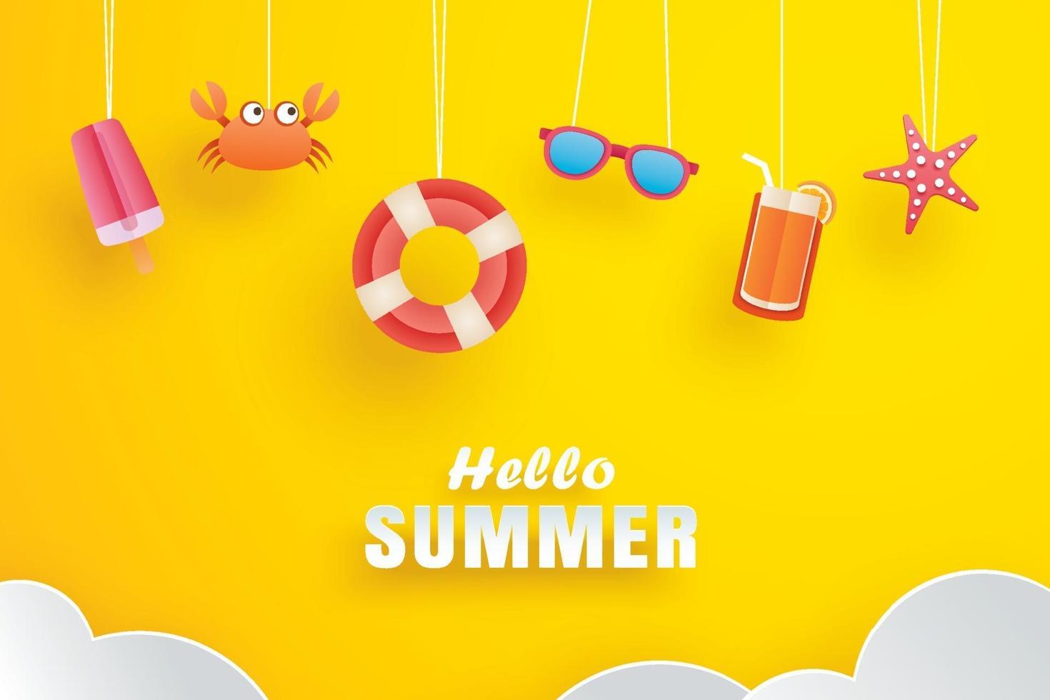 hola verano con decoración origami colgando sobre fondo amarillo vector