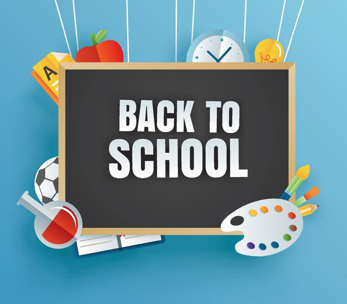 Back to school banner with education items and black board vector