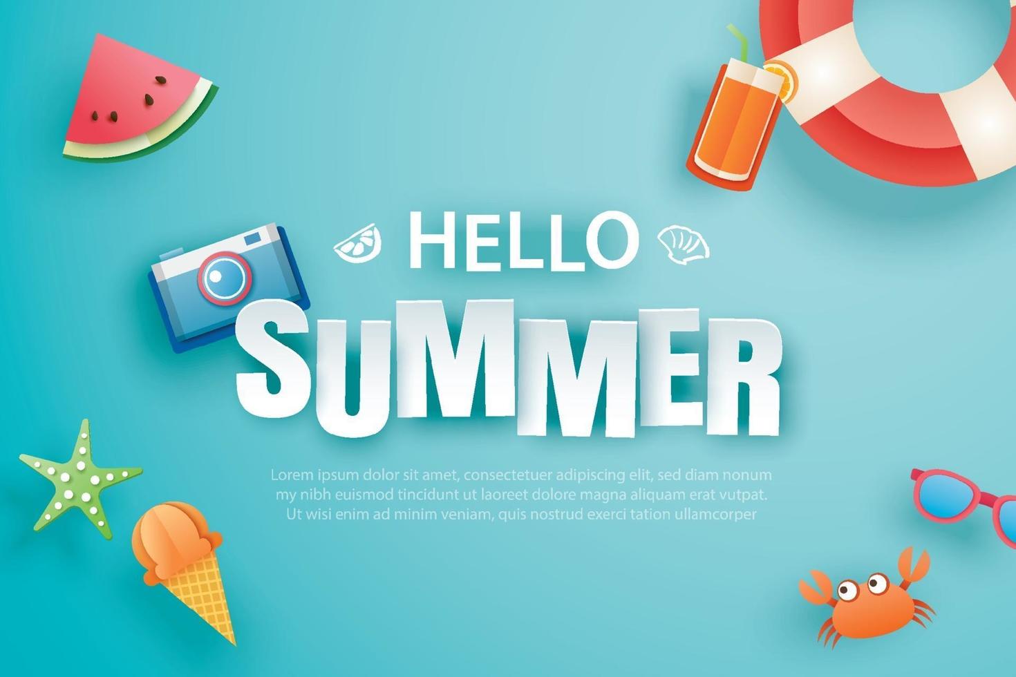 hola verano con decoración origami sobre fondo azul vector