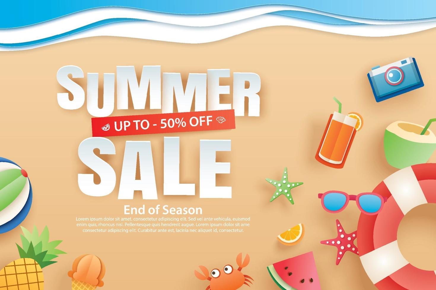 Summer sale with decoration origami on beach background vector