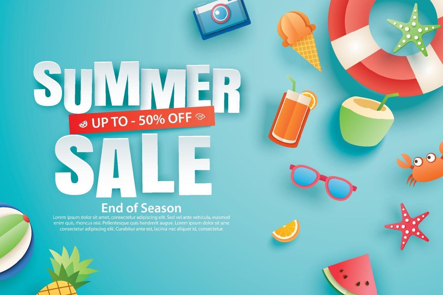 Summer sale with decoration origami on blue sky background vector