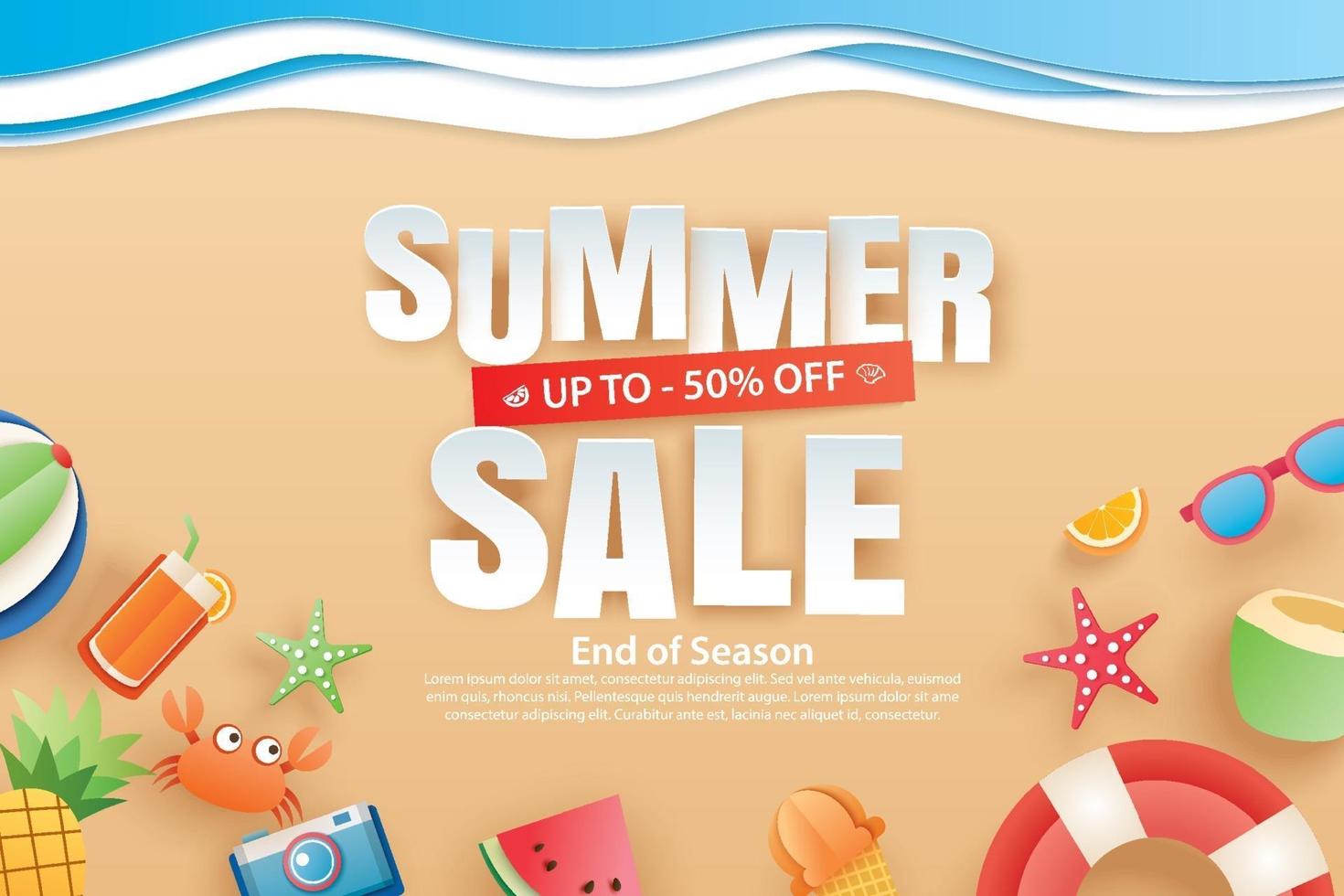 Summer sale with decoration origami on beach background vector