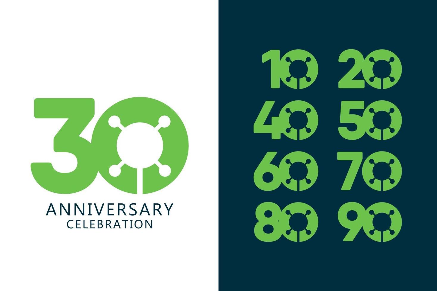 Ilustración de diseño de plantilla de vector de logotipo verde de celebración de aniversario de 30 años