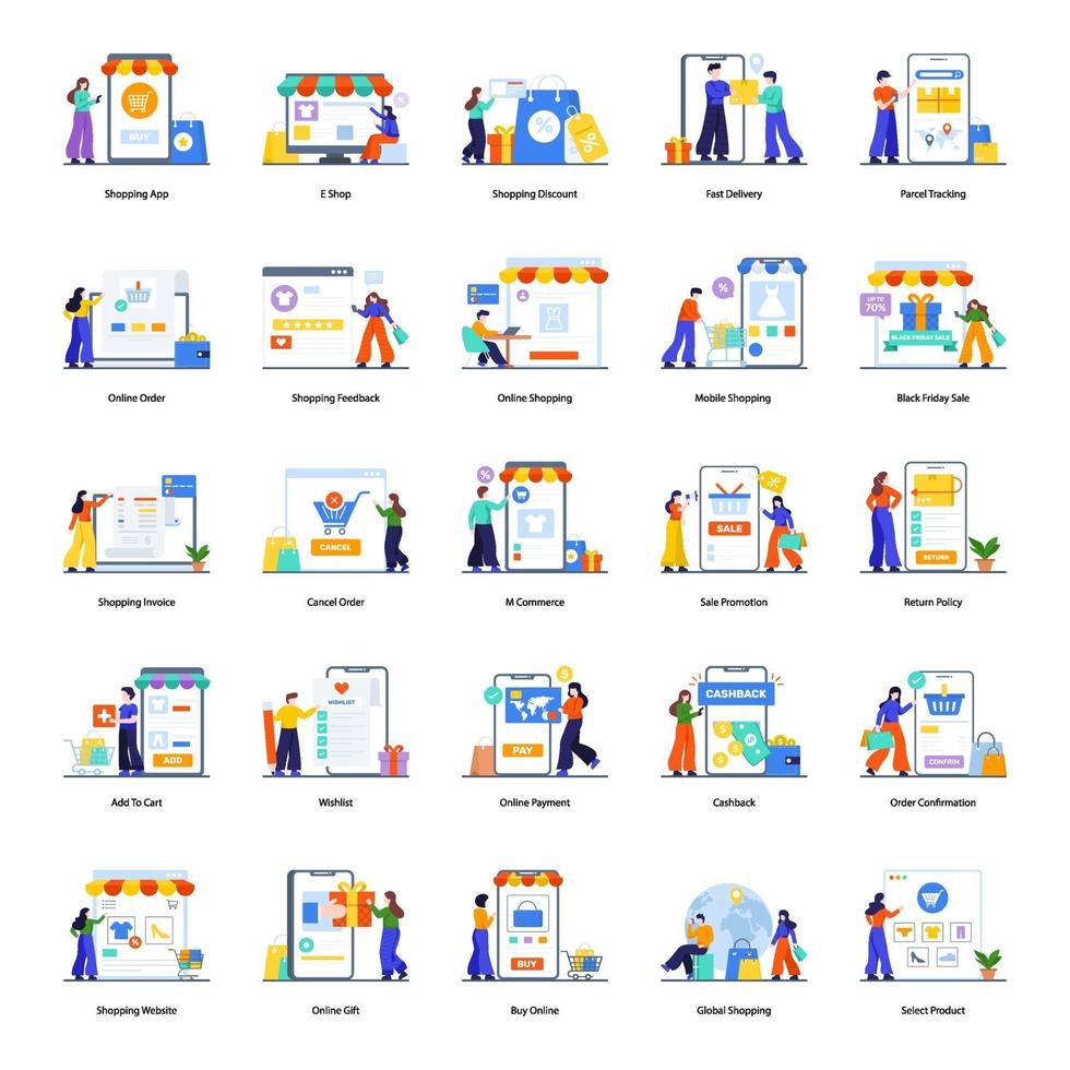 conjunto de concepto de comercio electrónico y compras. vector